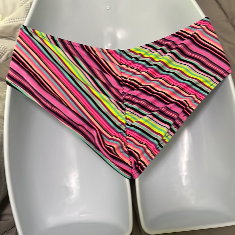 Neon striped ruched back cheeky bikini bottoms